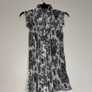 Apt. 9 Women's Black/White Sheer Ruffled Button Down Short Sleeve Top Size M